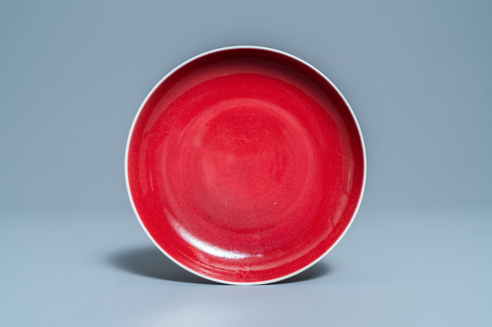 A Chinese monochrome copper red plate, Qianlong