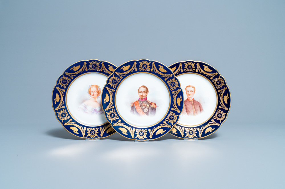 Three S&egrave;vres plates with portraits of Napoleon III, Eugenie and Louis-Napoleon, France, 19th C.