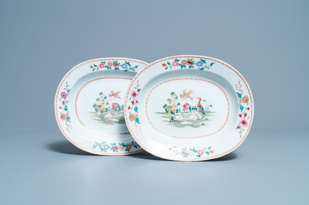 A pair of Chinese famille rose 'ducks in a pond' dishes, Qianlong