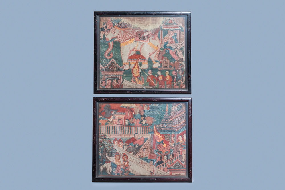 Thai school, ink and color on canvas: 'Two votive scenes', 19th C.