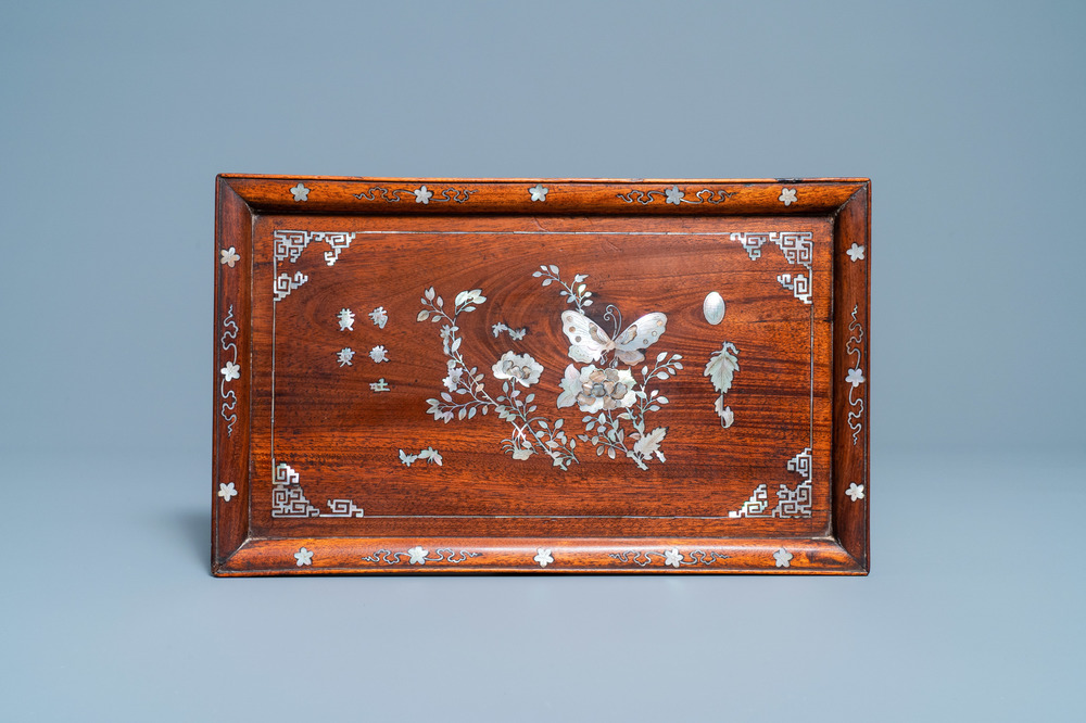 A Vietnamese mother-of-pearl-inlaid wooden opium tray, 19th C.