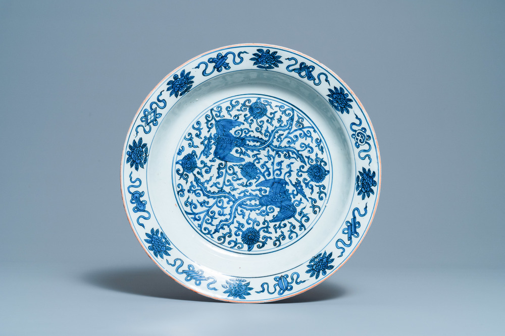 A large Chinese blue and white 'two phoenixes' dish, Jiajing