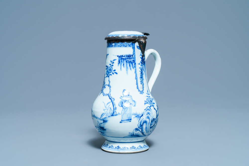 A Chinese blue and white silver-mounted ewer and cover, Yongzheng