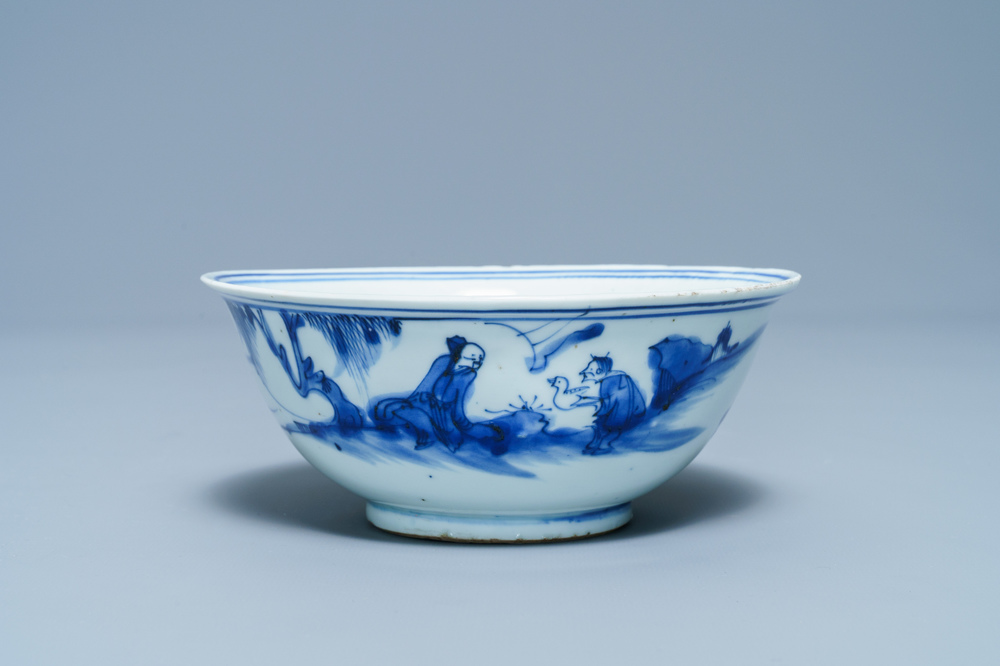 Un bol en porcelaine de Chine en bleu et blanc &agrave; d&eacute;cor de Wang Xizhi, &eacute;poque Transition