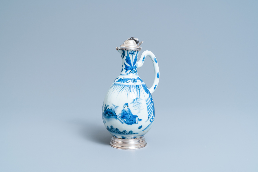 A Chinese blue and white silver-mounted ewer, Transitional period