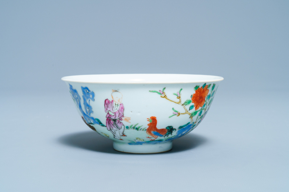 A Chinese famille rose 'boy and rooster' bowl, Qianlong mark, 19th C.