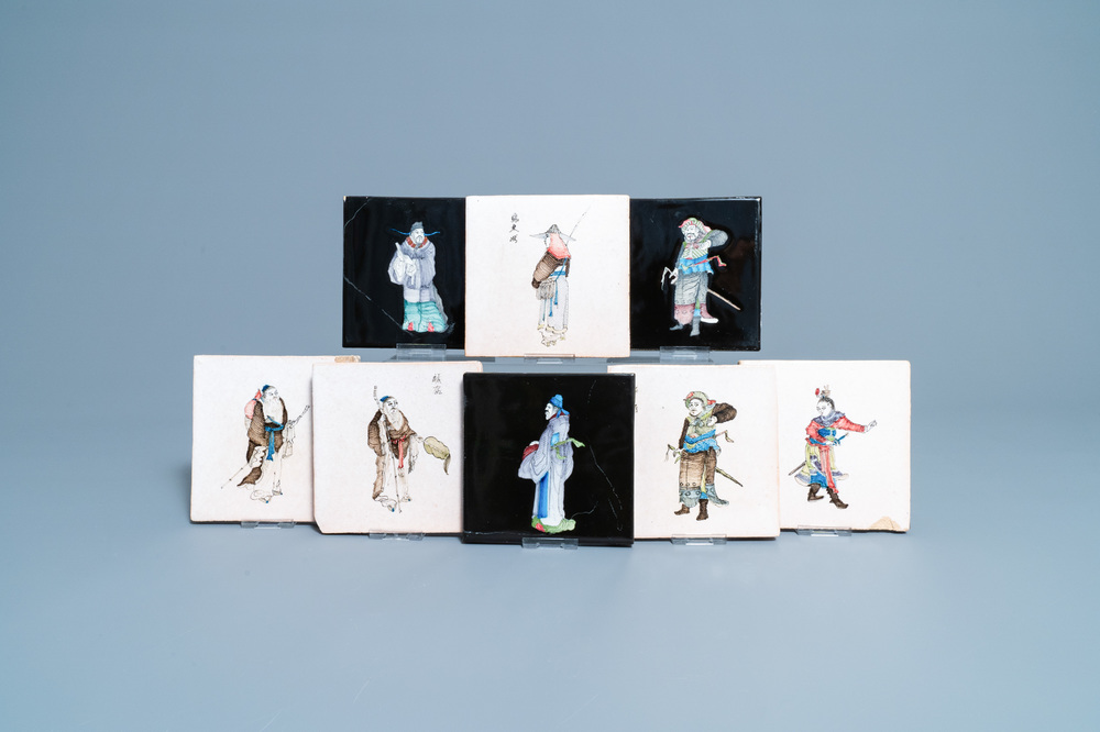 Eight Dutch tiles with Chinese figures, Makkum, 20th C.