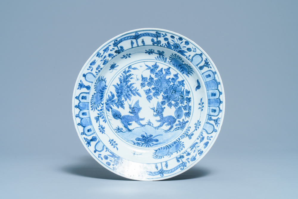 A Chinese blue and white 'two qilins' dish, Jiajing