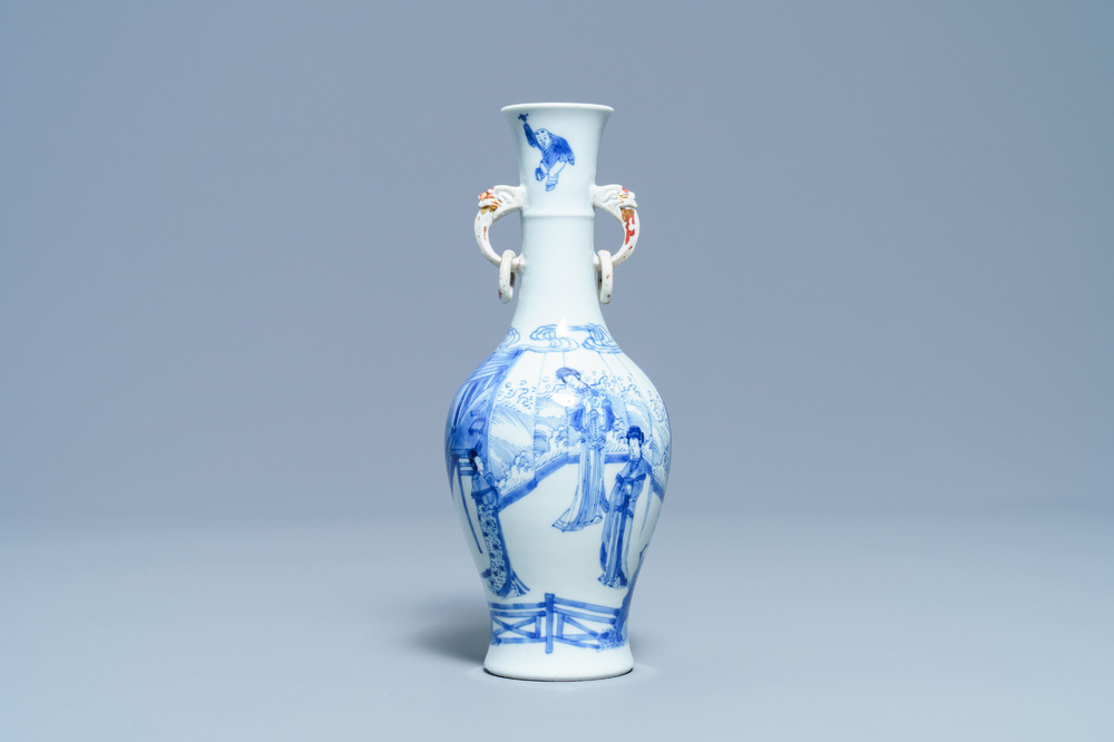 A Chinese blue and white vase with elephant handles, Kangxi mark and of the period