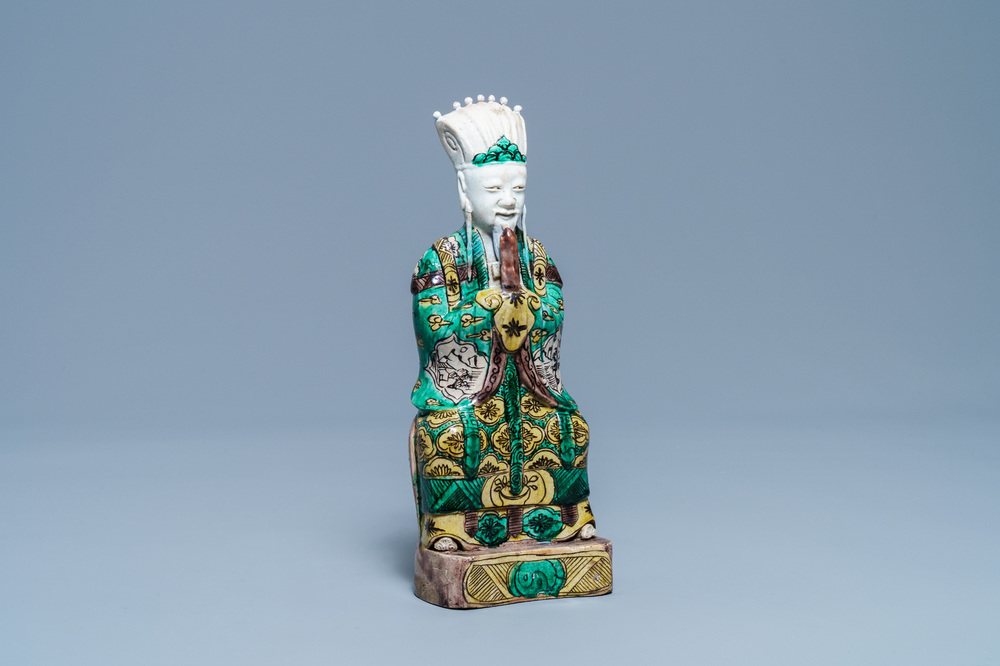 A Chinese verte biscuit figure of Wenchang Wang, Kangxi