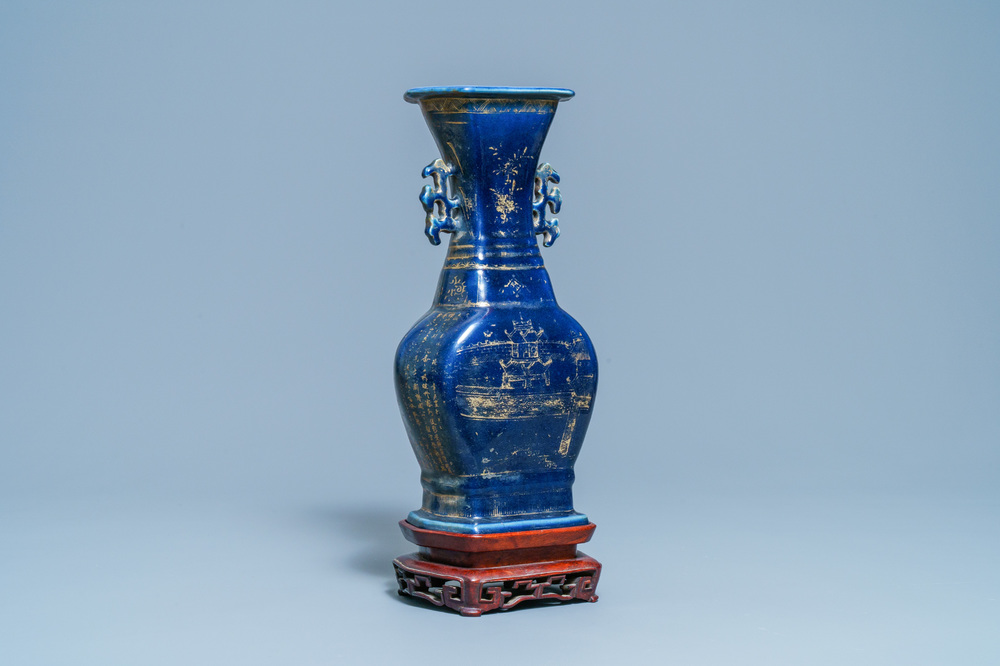 A Chinese gilt-decorated monochrome blue vase, Qianlong