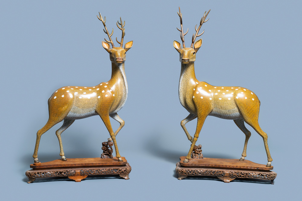 An exceptional and large pair of Chinese cloisonn&eacute; models of deer, Qianlong/Jiaqing