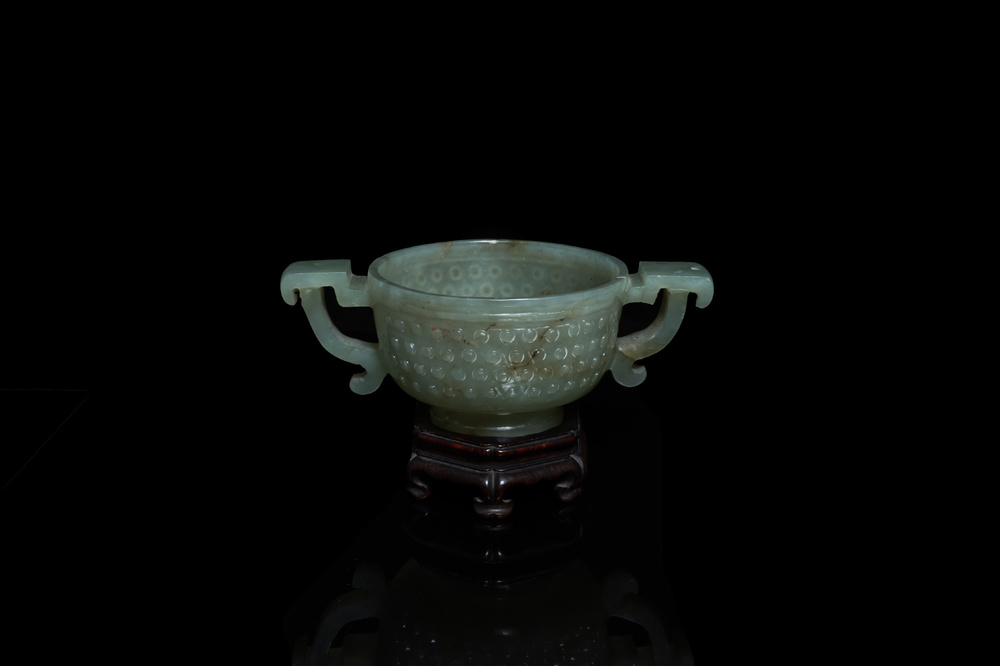 A Chinese jade two-handled libation cup, Ming