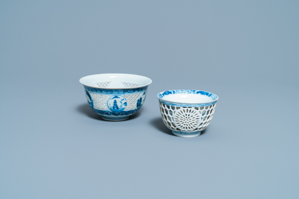 A Chinese blue and white reticulated bowl and a double-walled cup, Transitional period and Kangxi