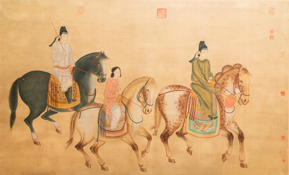Chinese school, ink and colour on silk, 19/20th C.: 'Three horseriders'