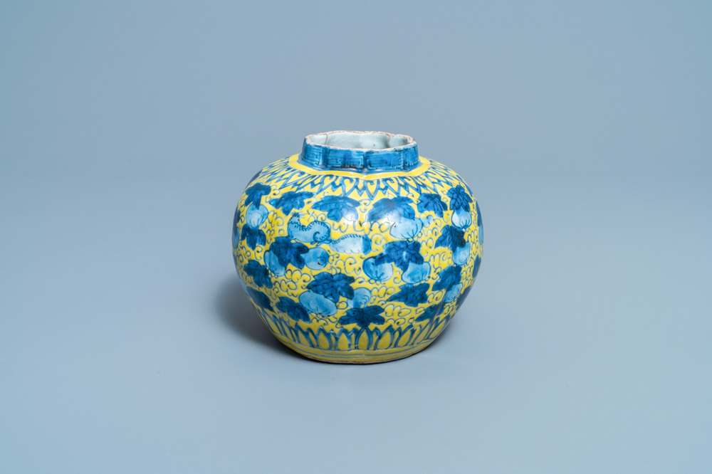 A Chinese blue and white yellow-ground vase with squirrels among gourds, Wanli