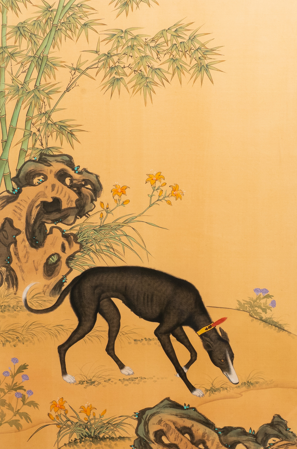 Chinese school, after Lang Shining, ink and colour on silk, 19/20th C.: 'Portrait of a dog'