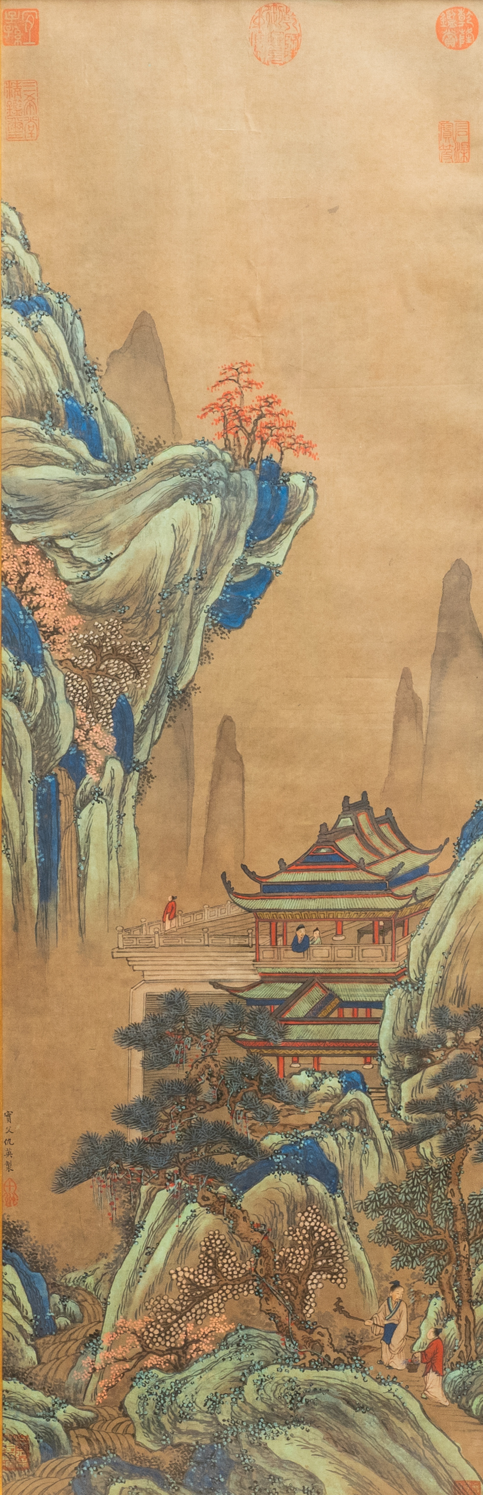 After Qiu Ying (1494 - 1552), ink and color on paper: 'Mountainous landscape', 19/20th C.