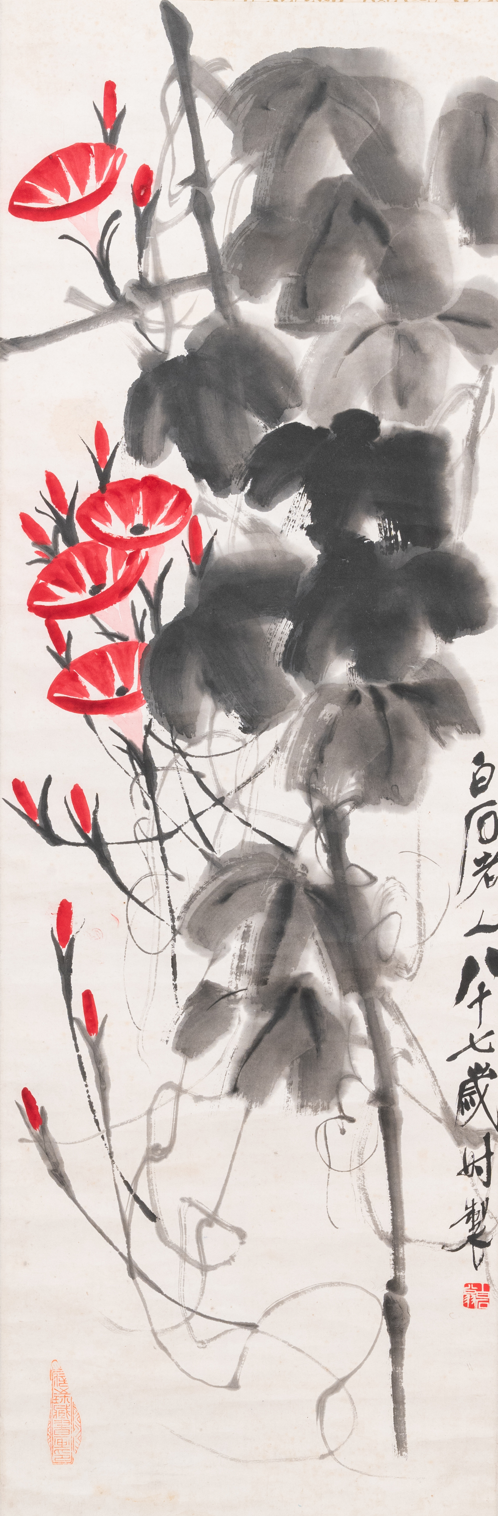 Qi Baishi (1864 - 1957), inkt en kleur op papier, als scroll gemonteerd: 'Klimmende winde'