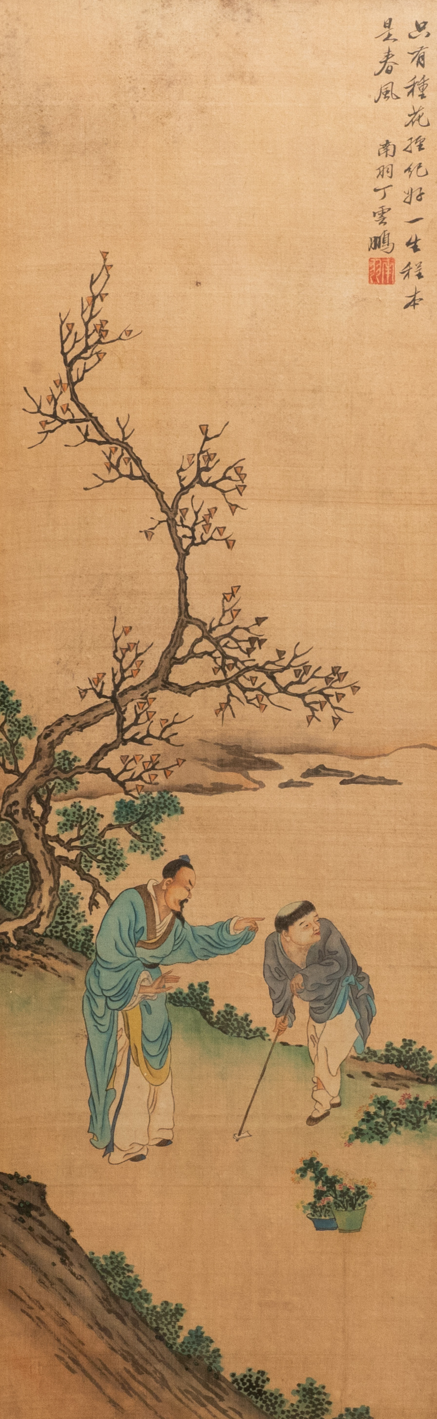 Ding Yunpeng (1547-c.1628), encre et couleurs sur soie: 'Lettr&eacute; et son &eacute;l&egrave;ve jardinier'