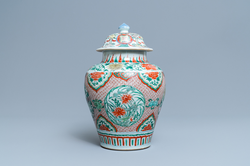 A Chinese wucai vase and cover, Transitional period