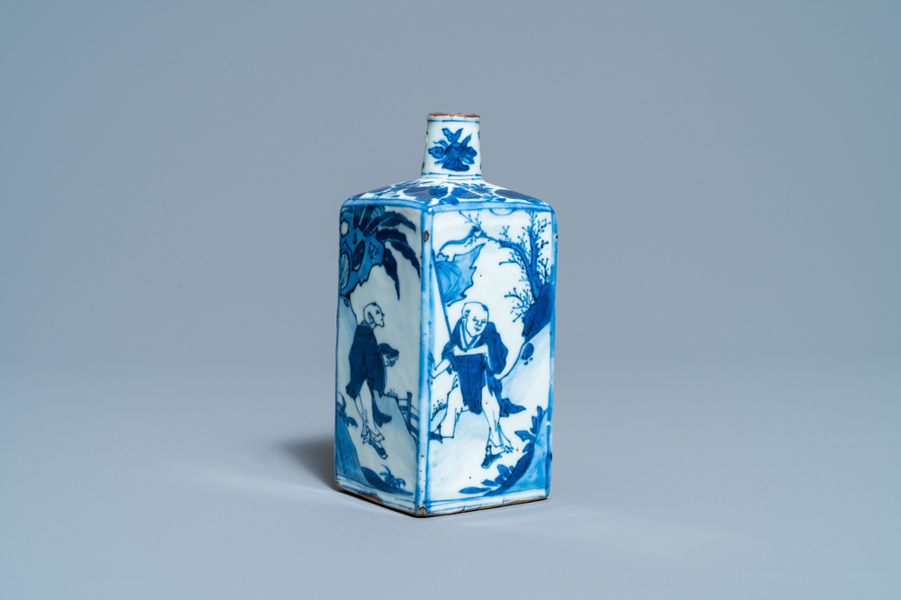 A Chinese square blue and white flask, Wanli