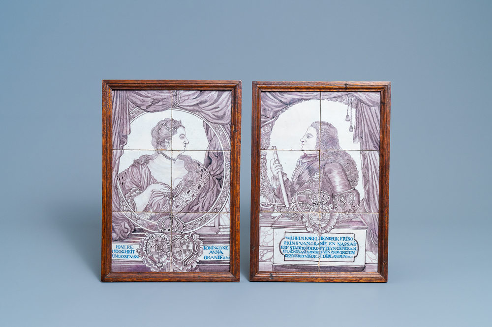 Une paire de tableaux de carreaux en fa&iuml;ence de Delft figurant Guillaume III d'Orange-Nassau et Marie II, 18&egrave;me