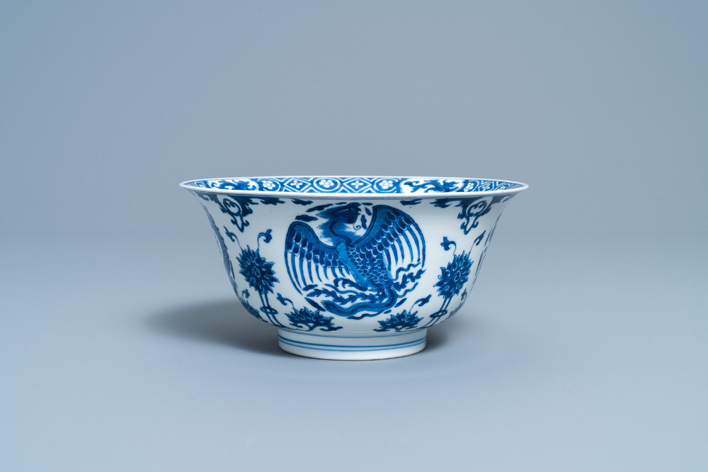 A Chinese blue and white 'dragon and phoenix bowl', Chenghua mark, Kangxi