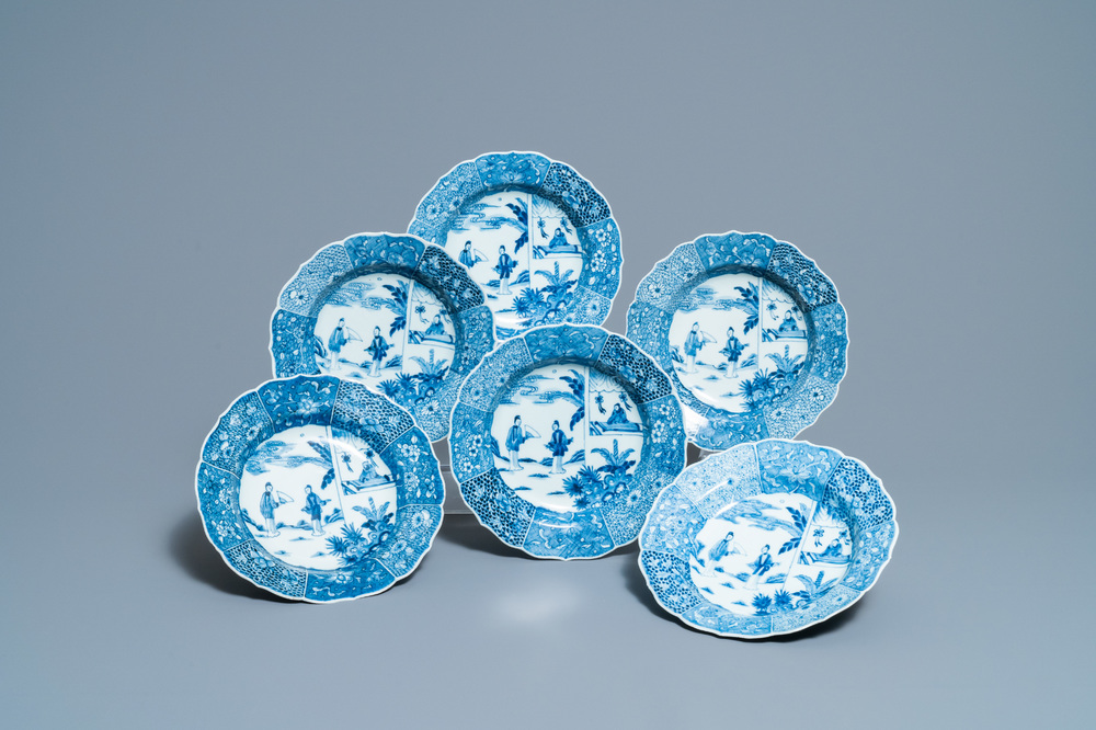 Six deep Chinese blue and white 'Xi Xiang Ji' plates, Qianlong