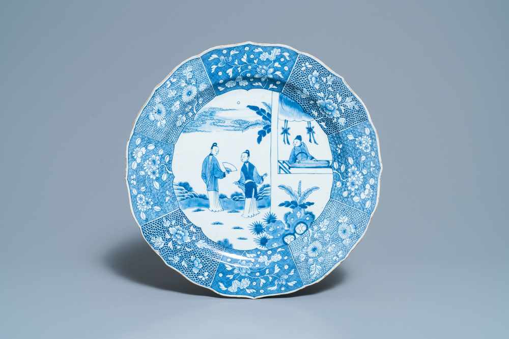 A large Chinese blue and white 'Xi Xiang Ji' dish, Qianlong