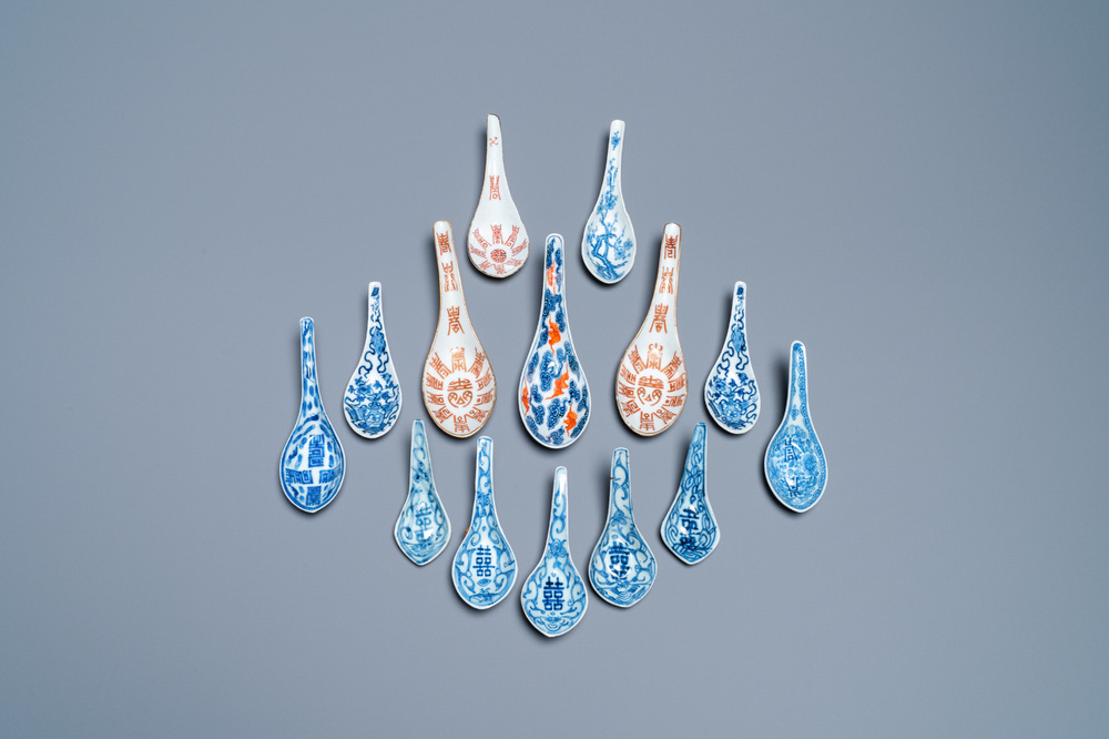 Fourteen Chinese blue and white and iron-red spoons, Jiaqing, Daoguang and Tongzhi mark and period and 20th C.