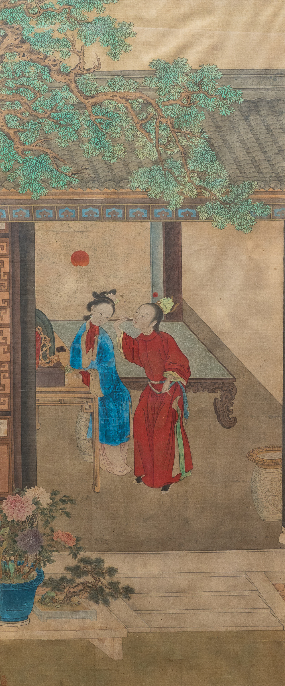 Chinese school, ink and color on silk: 'The making up of lady', 18th C.