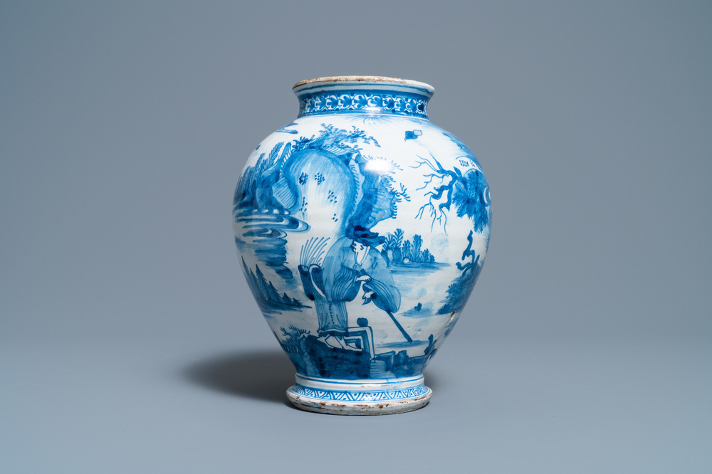 Een vroege blauw-witte Delftse chinoiserie pot, Engeland of Nederland, 3e kwart 17e eeuw