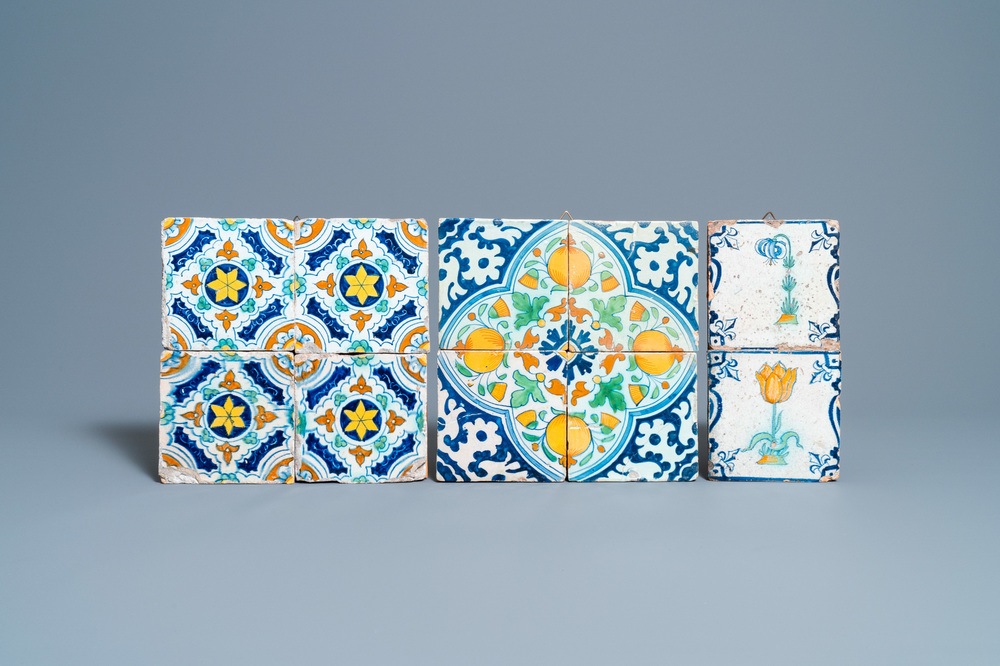 Ten polychrome Dutch Delft tiles with flowers and ornaments, 17th C.