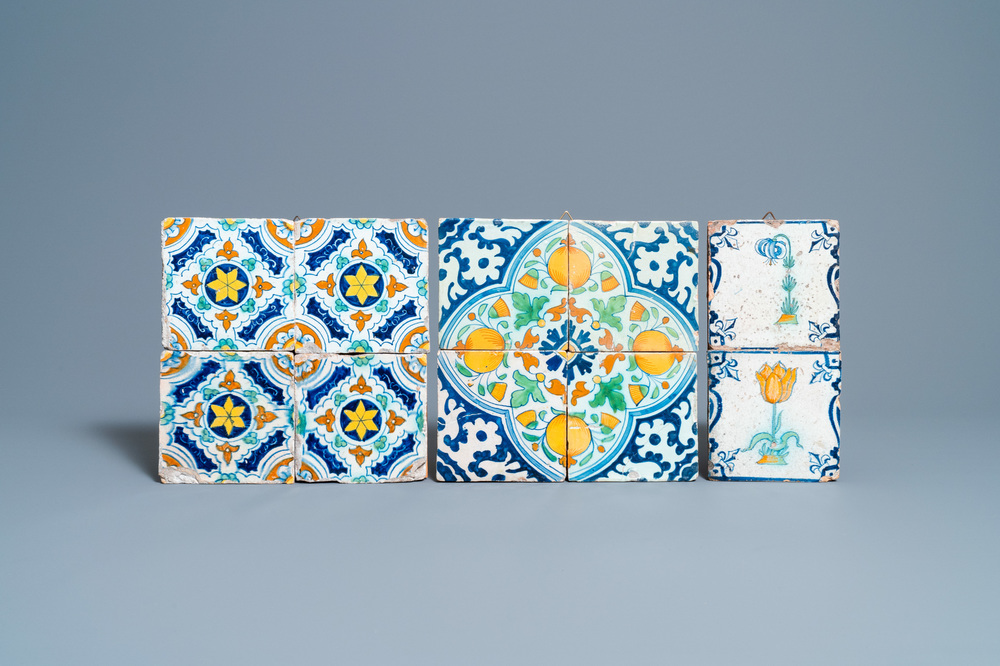 Ten polychrome Dutch Delft tiles with flowers and ornaments, 17th C.