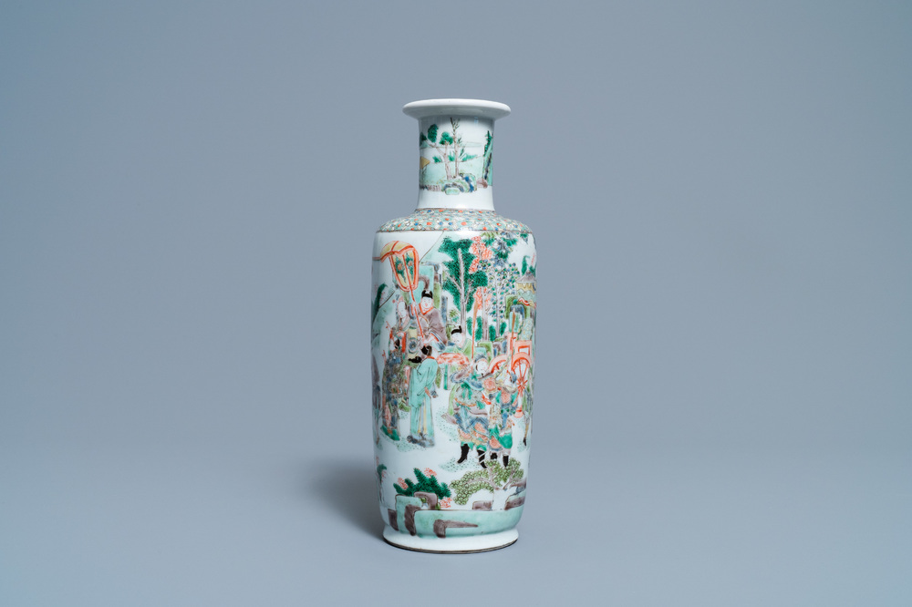 A rare Chinese famille verte 'Feng shen bang' rouleau vase, Kangxi