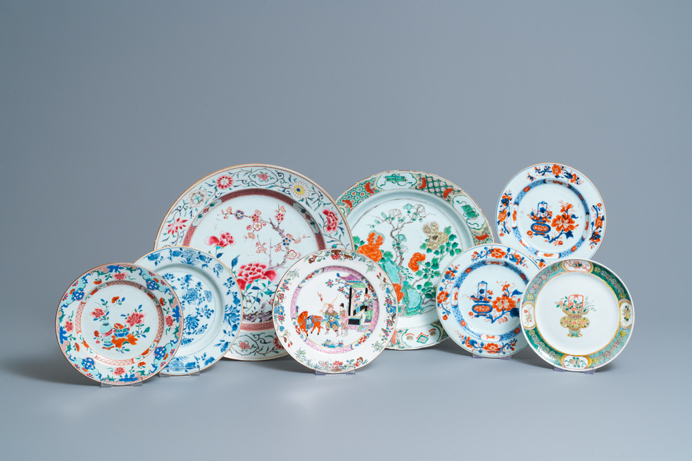 Eight Chinese blue and white, famille rose and famille verte dishes, Kangxi and later