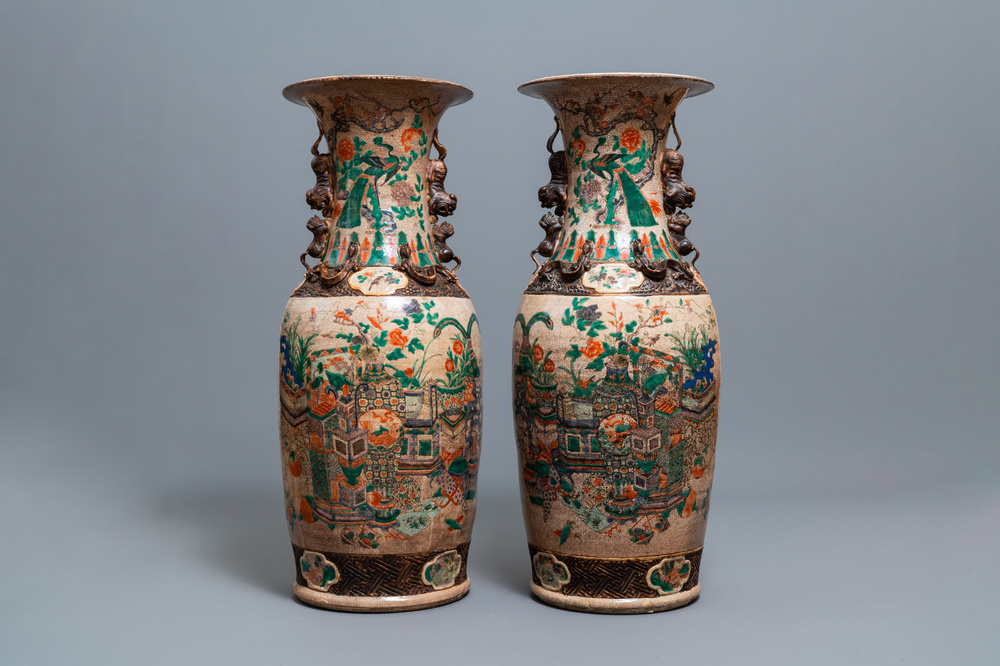 A pair of very large Chinese Nanking crackle-glazed famille verte vases, 19th C.