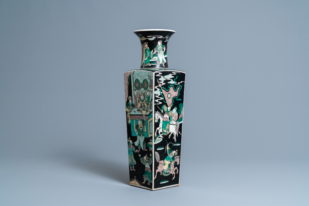 A Chinese square famille noire vase with figurative panels, Kangxi mark, 19th C.