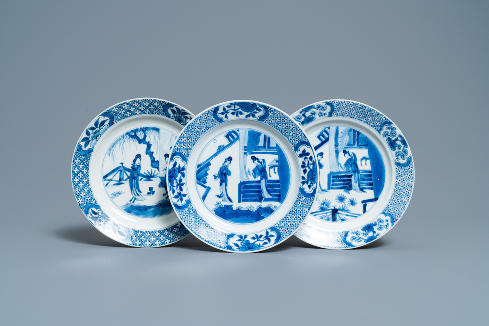 Three Chinese blue and white 'Long Eliza' plates, Jiajing and Xuande marks, Kangxi