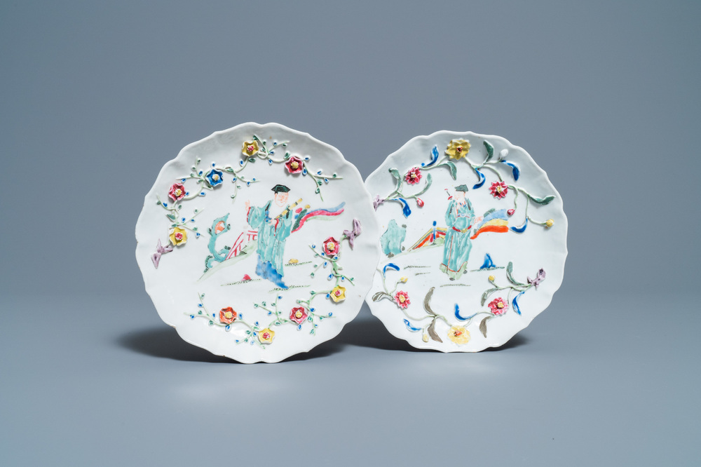 A pair of Chinese famille rose relief-decorated dishes, Yongzheng