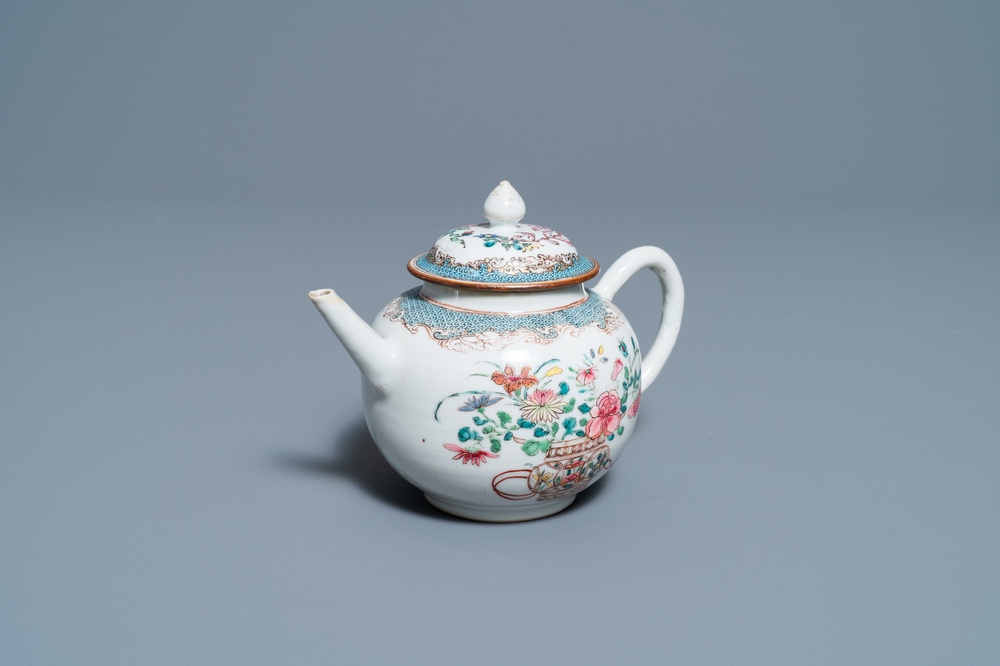 A Chinese famille rose teapot with a fine flower basket, Yongzheng