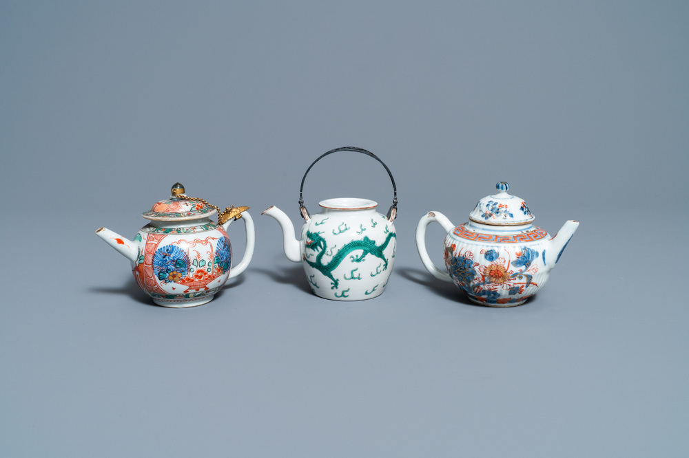 A Chinese famille verte teapot, an Imari-style teapot and an Amsterdam bont teapot, Kangxi and 19th C.