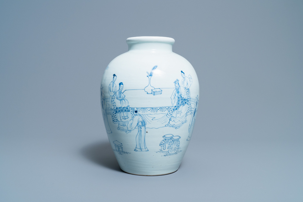 A Chinese blue and white vase with scholars in a landscape, Yongzheng