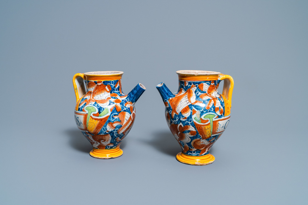 A pair of polychrome Italian maiolica wet drug jars, Casteldurante, 16th C.
