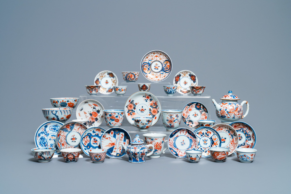 A collection of mostly Chinese blue and white, iron-red and gilt porcelain tea wares, Kangxi and later