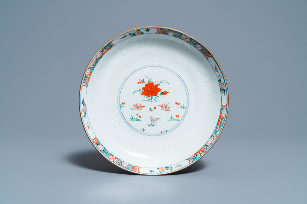 A Chinese famille verte 'mandarin ducks' dish with an incised lotus