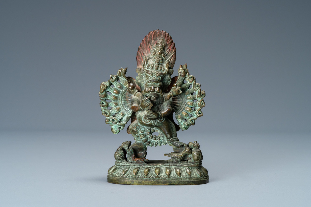 A Sino-Tibetan bronze group of Mahakala and Yab-Yum, 18/19th C.