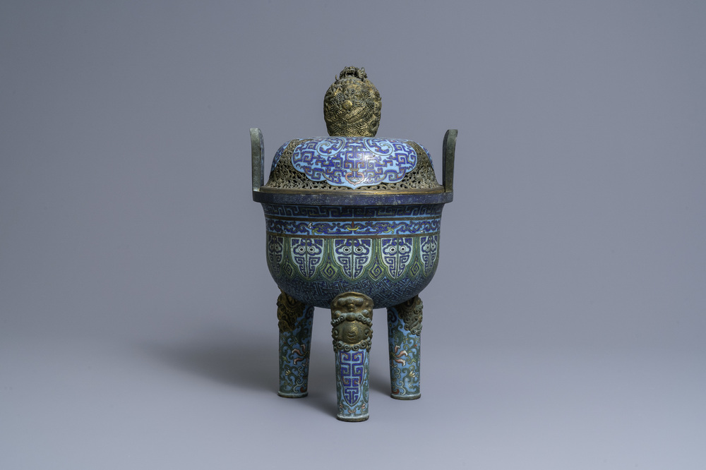 A large Chinese cloisonn&eacute; tripod censer and cover, Qianlong