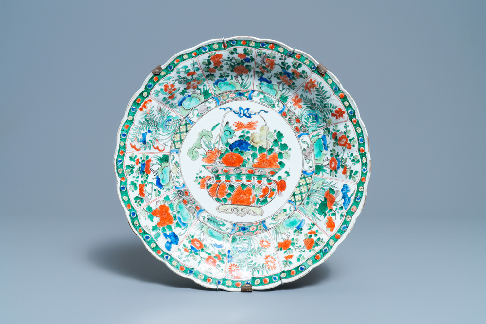 A Chinese famille verte 'flower basket' dish, Kangxi